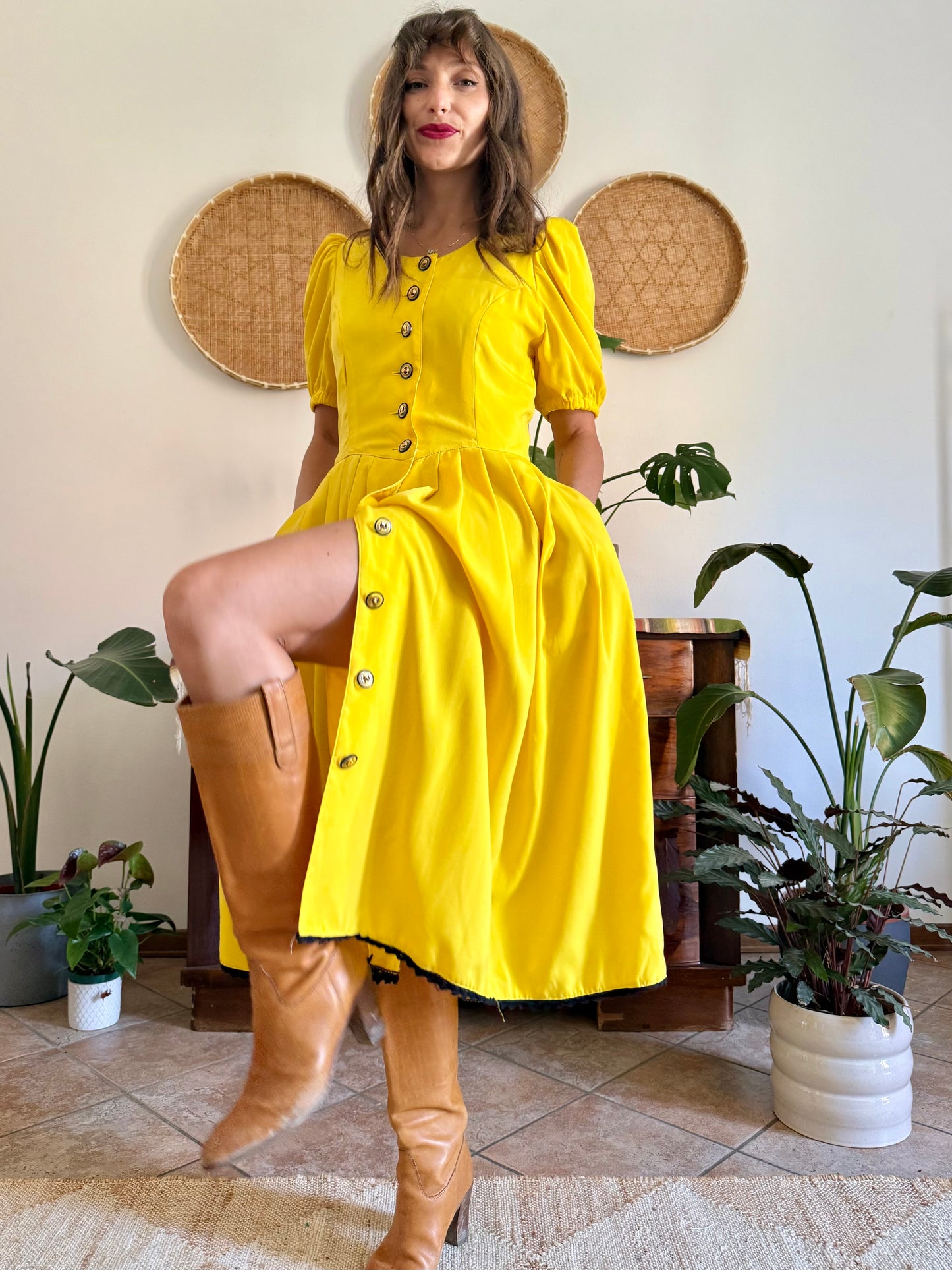 1960’s vintage canary yellow button down midi dress with black crochet detailing
