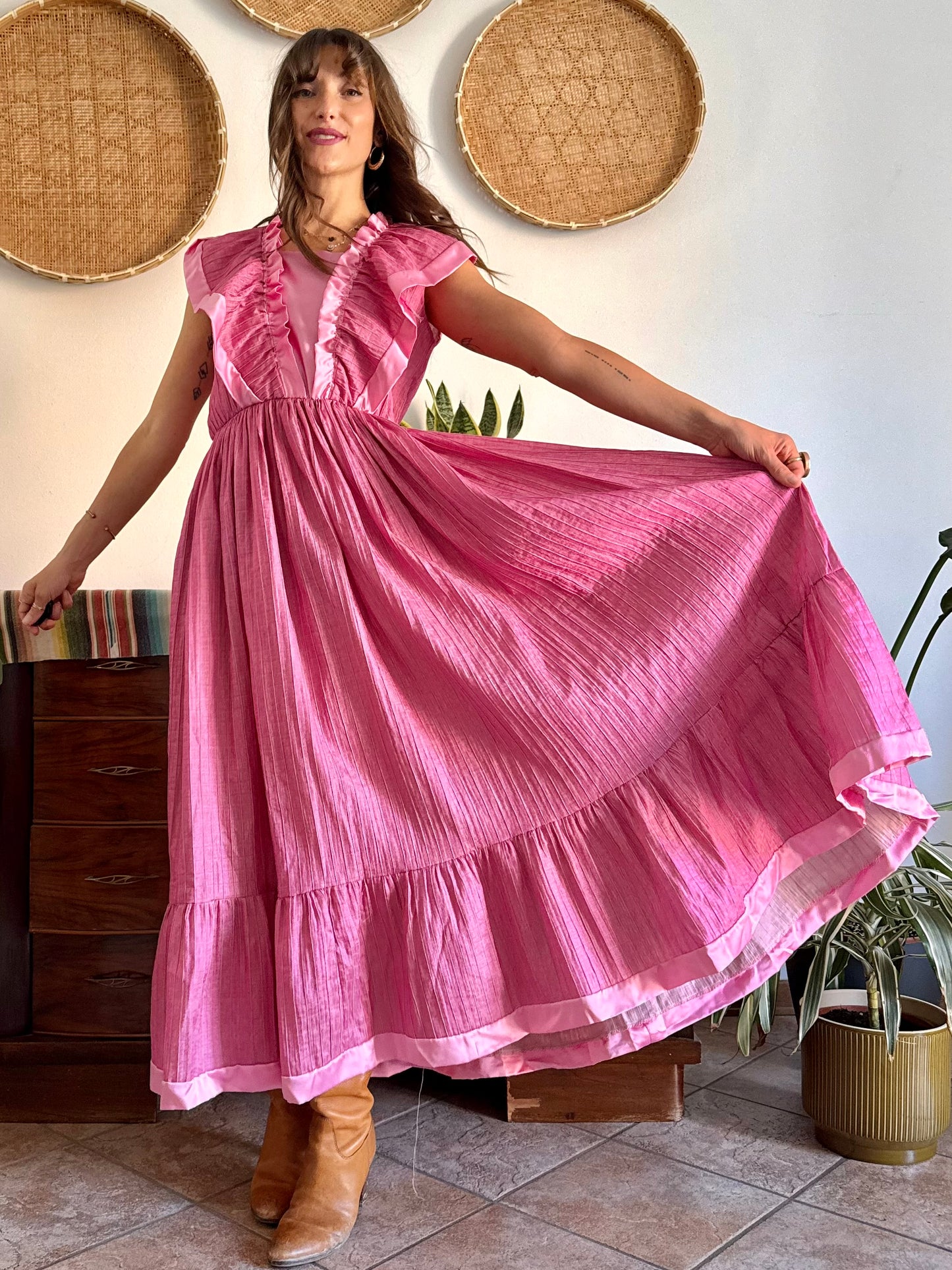 1970’s vintage metallic textured pink maxi prairie dress with satin ruffle details