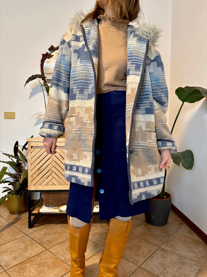 1990's vintage blue and tan Aztec pattern wool coat