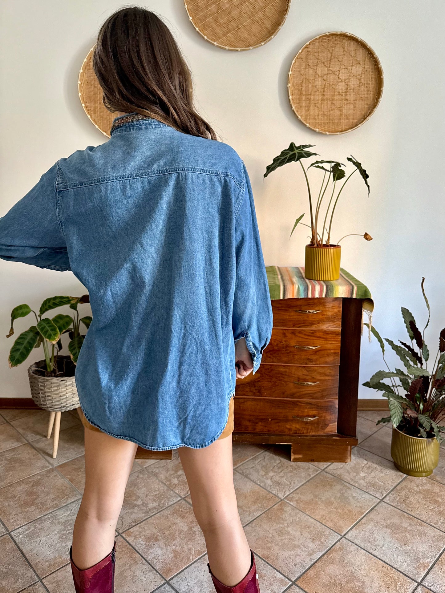 1990's vintage denim shirt with red, yellow and green embroidered autumn leaves