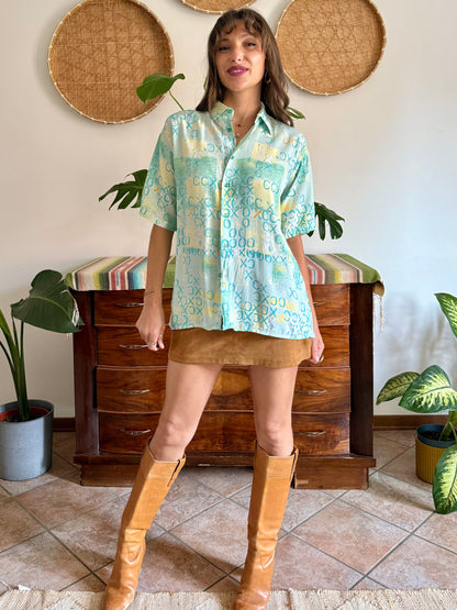 1990’s vintage yellow, teal and turquoise geometric print top