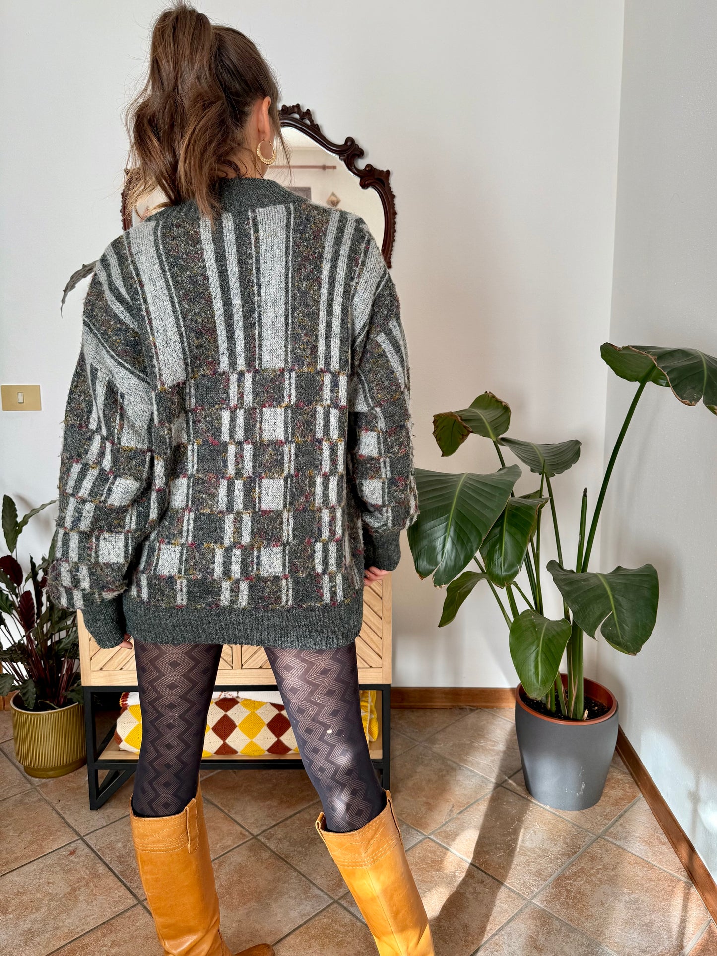 1970’s vintage grey cardigan with burgundy and yellow knit geometric pattern