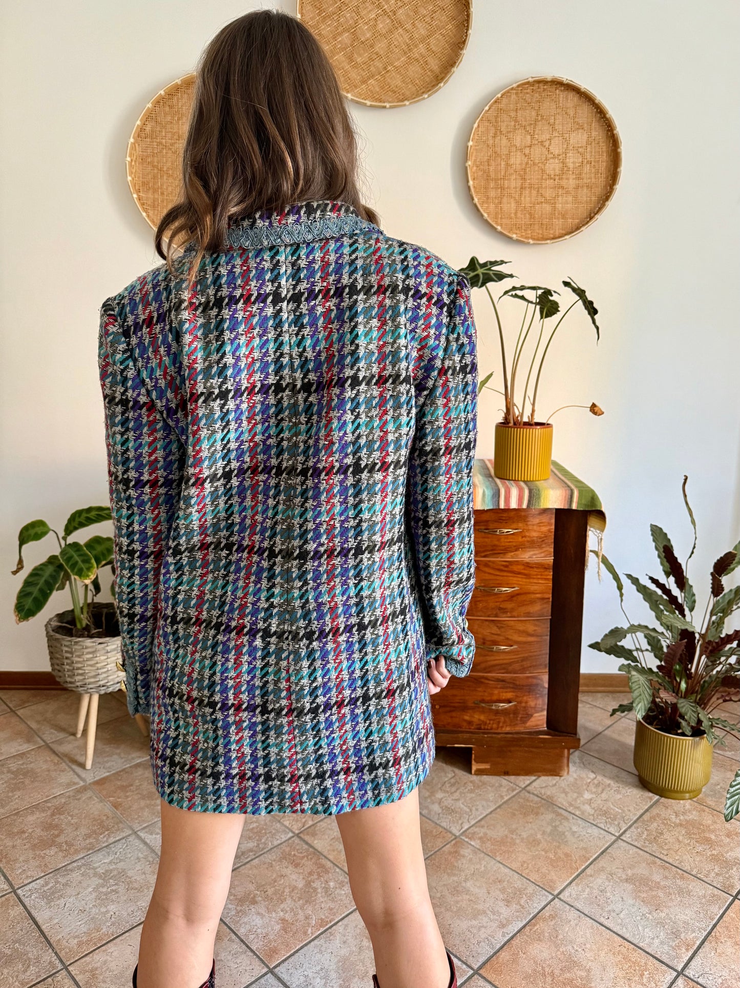 1970's vintage oversize wool blue, turquoise, and grey houndstooth plaid coat