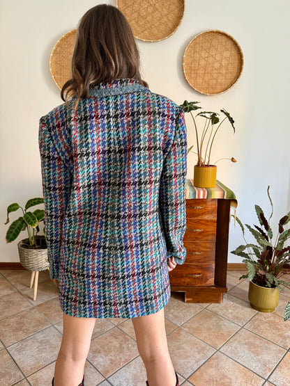 1970's vintage oversize wool blue, turquoise, and grey houndstooth plaid coat