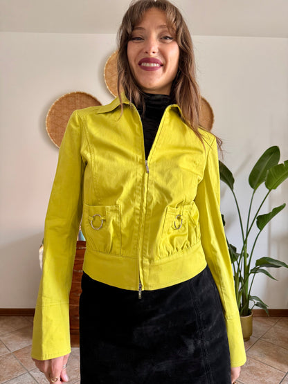 Y2K vintage chartreuse jacket with silver metal details