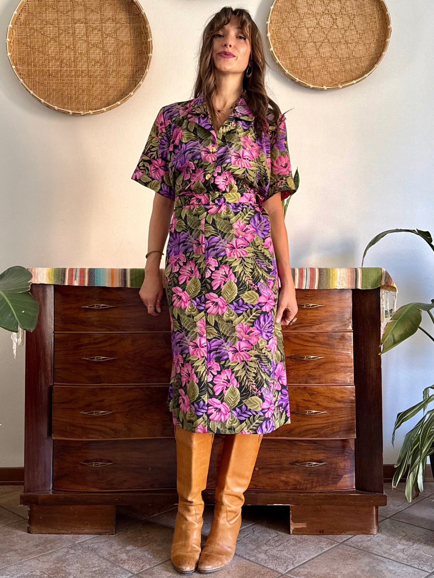 1960’s vintage, pink purple and green floral midi dress with matching belt