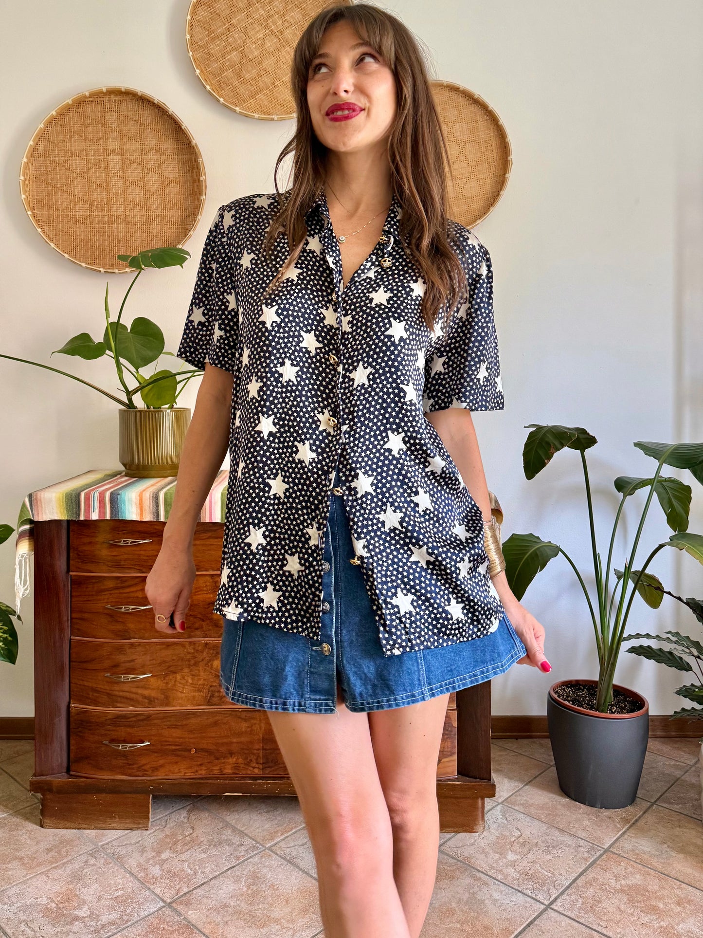 1970’s vintage navy blue silk blouse with star print and rhinestone star buttons