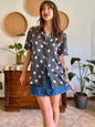 1970’s vintage navy blue silk blouse with star print and rhinestone star buttons