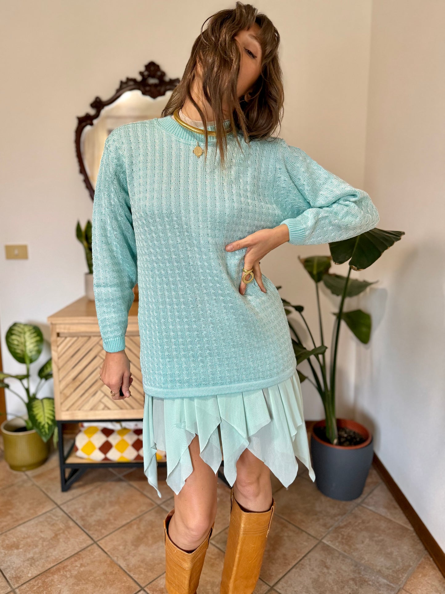 Y2k vintage light turquoise and silver wool blend  cable knit pullover
