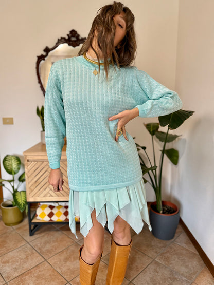 Y2k vintage light turquoise and silver wool blend  cable knit pullover