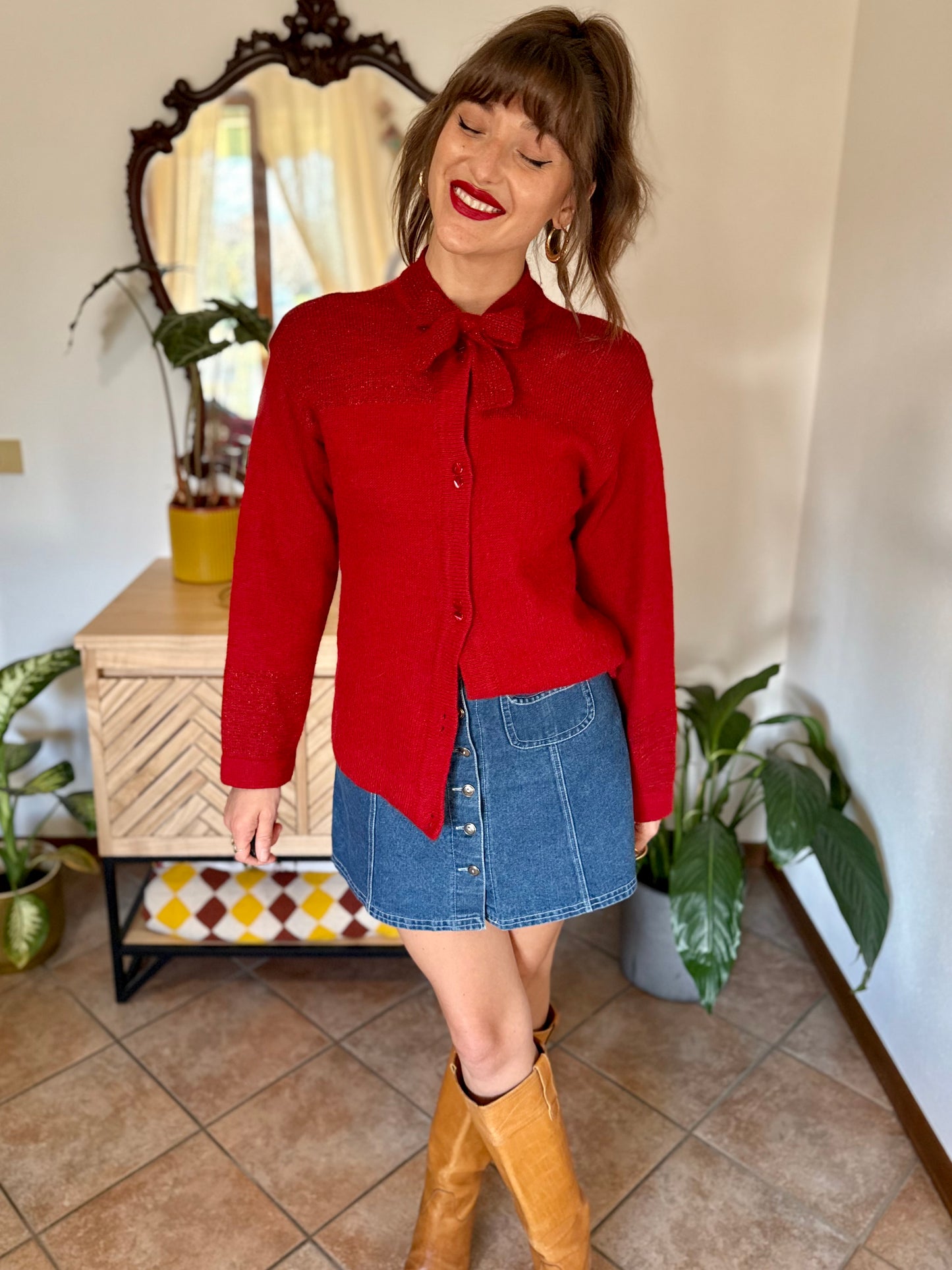 1960’s vintage cherry red hand knit wool cardigan with bow detail