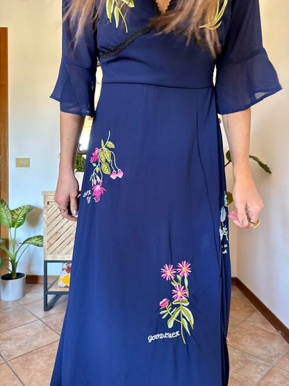 Y2k vintage navy blue belle sleeve maxi dress with floral embroidery