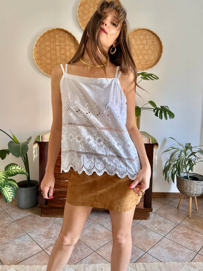 1970's vintage white crocheted and embroidered floral cotton top