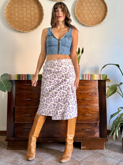 1970's vintage lilac and cream raw silk animal printed midi skirt