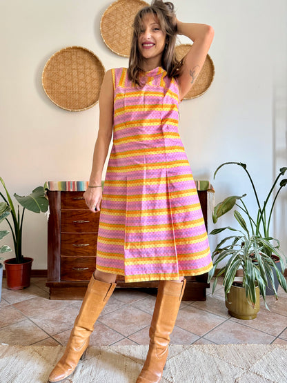 1960’s vintage pink and yellow striped geometric hand block printed midi dress