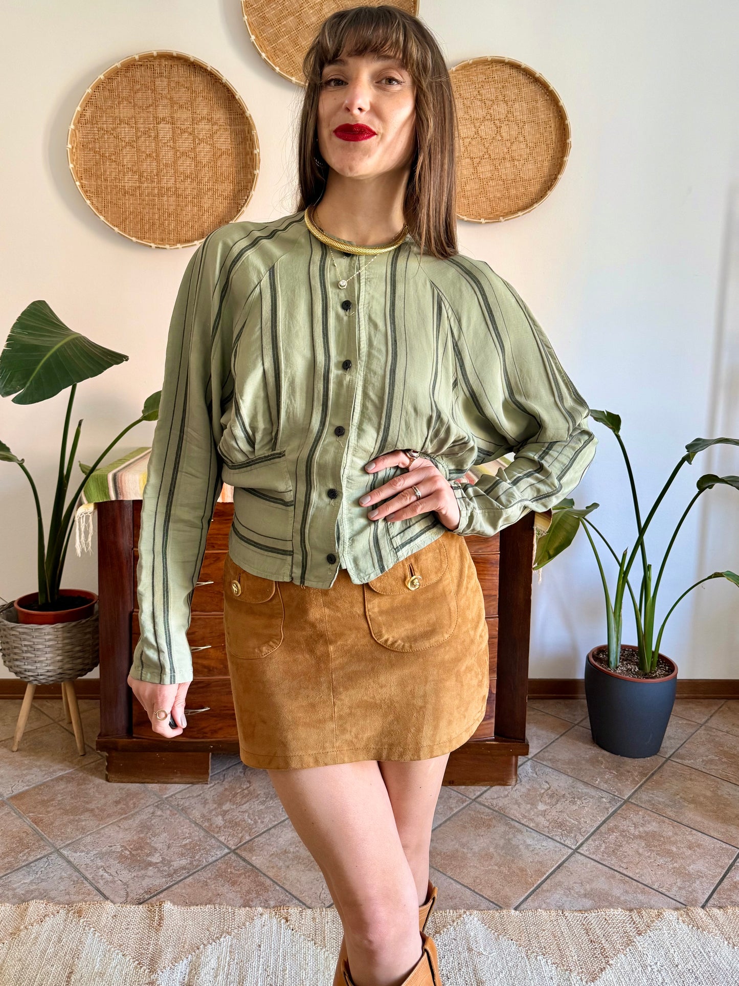1970's vintage multi tonal vertical stripe green blouse