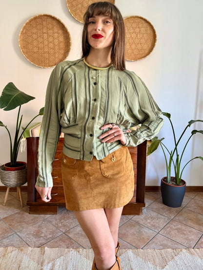 1970's vintage multi tonal vertical stripe green blouse