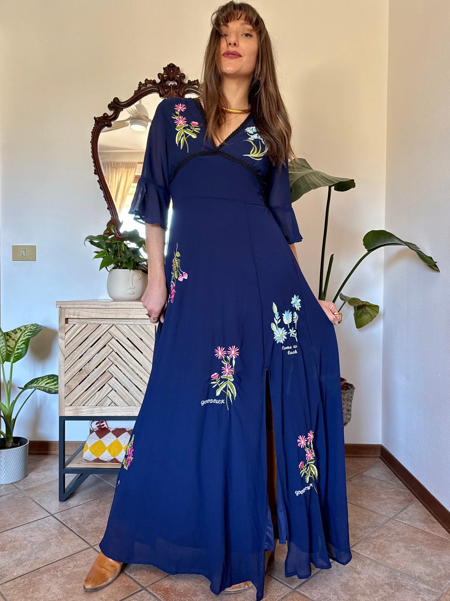 Y2k vintage navy blue belle sleeve maxi dress with floral embroidery