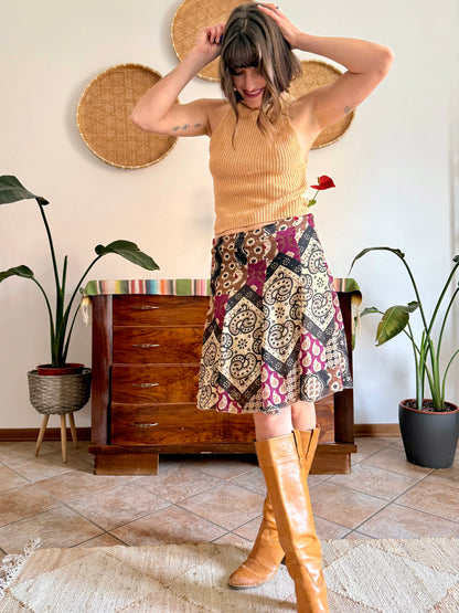 Y2K vintage burgundy, tan and black geometric print midi skirt