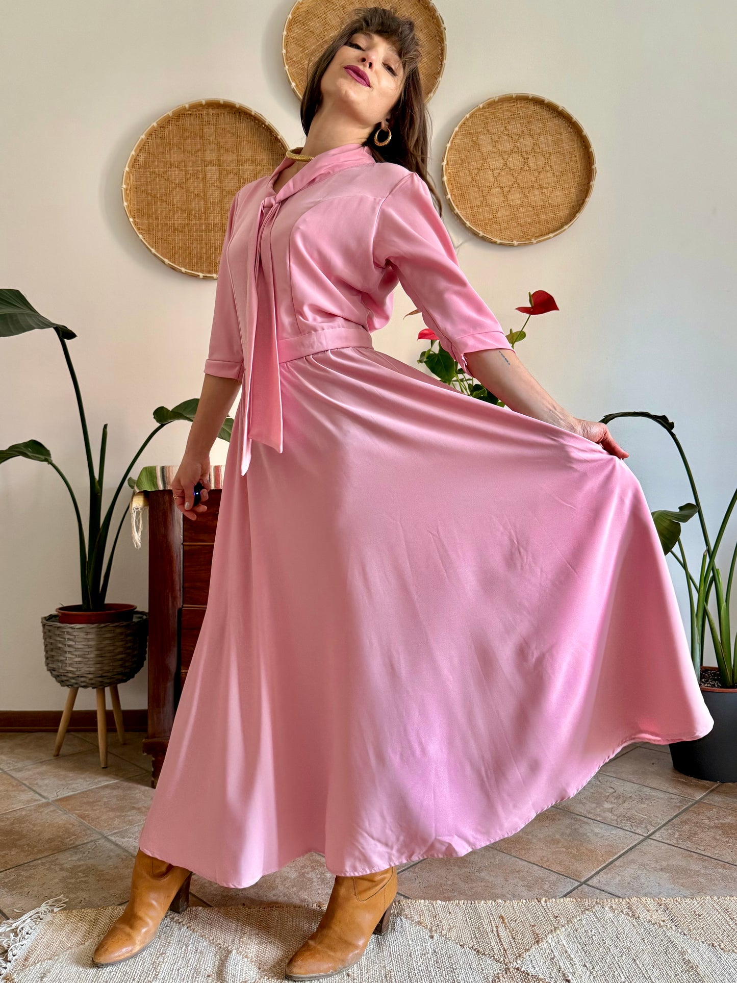 1970’s vintage pink maxi dress with bow tie collar