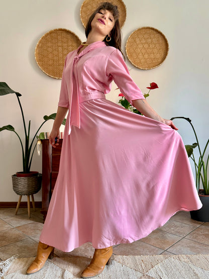 1970’s vintage pink maxi dress with bow tie collar