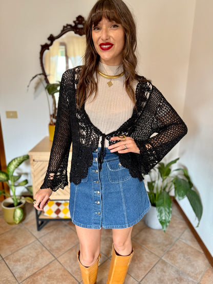 Y2k vintage black bell sleeve crocheted cardigan with silver thread accents