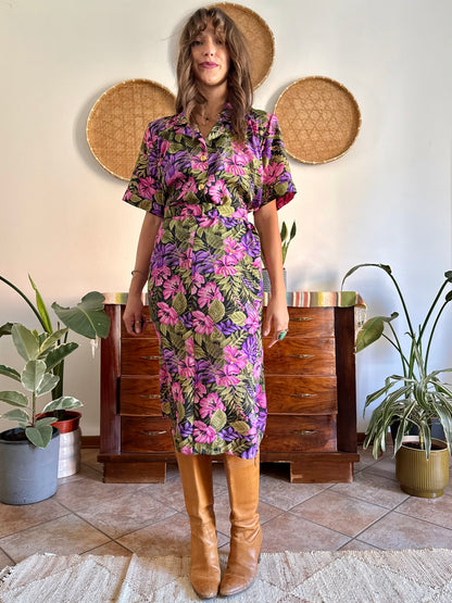 1960’s vintage, pink purple and green floral midi dress with matching belt