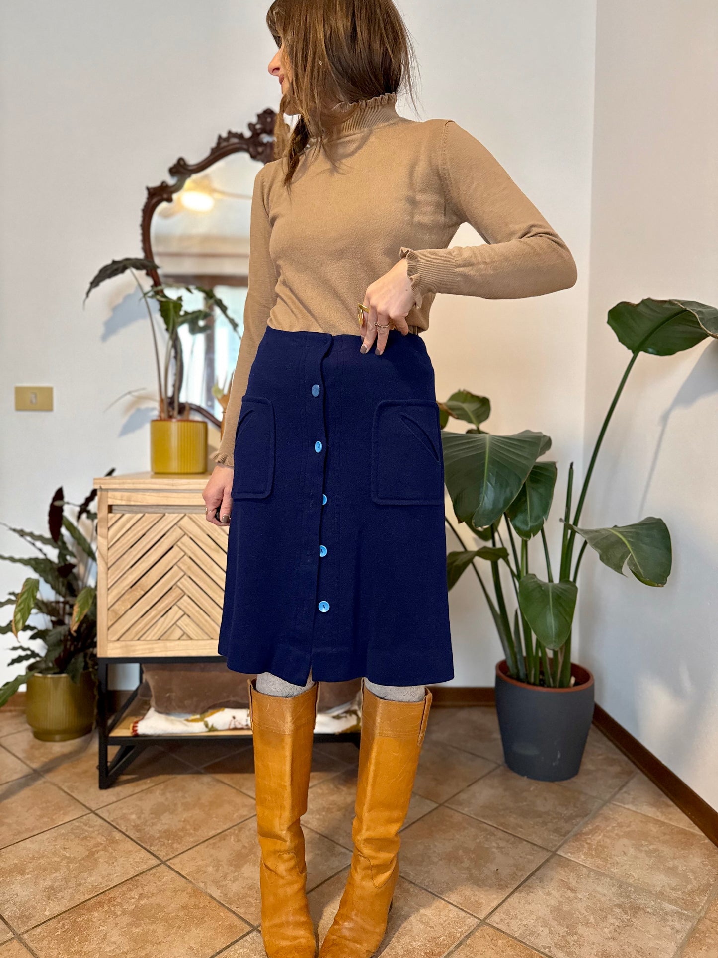 1960's blue knit wool midi skirt with light blue button details