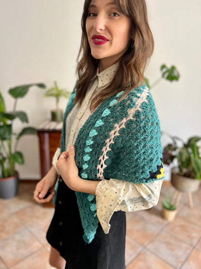 1970's vintage hand knit wool teal , black and yell stripe knit shawl