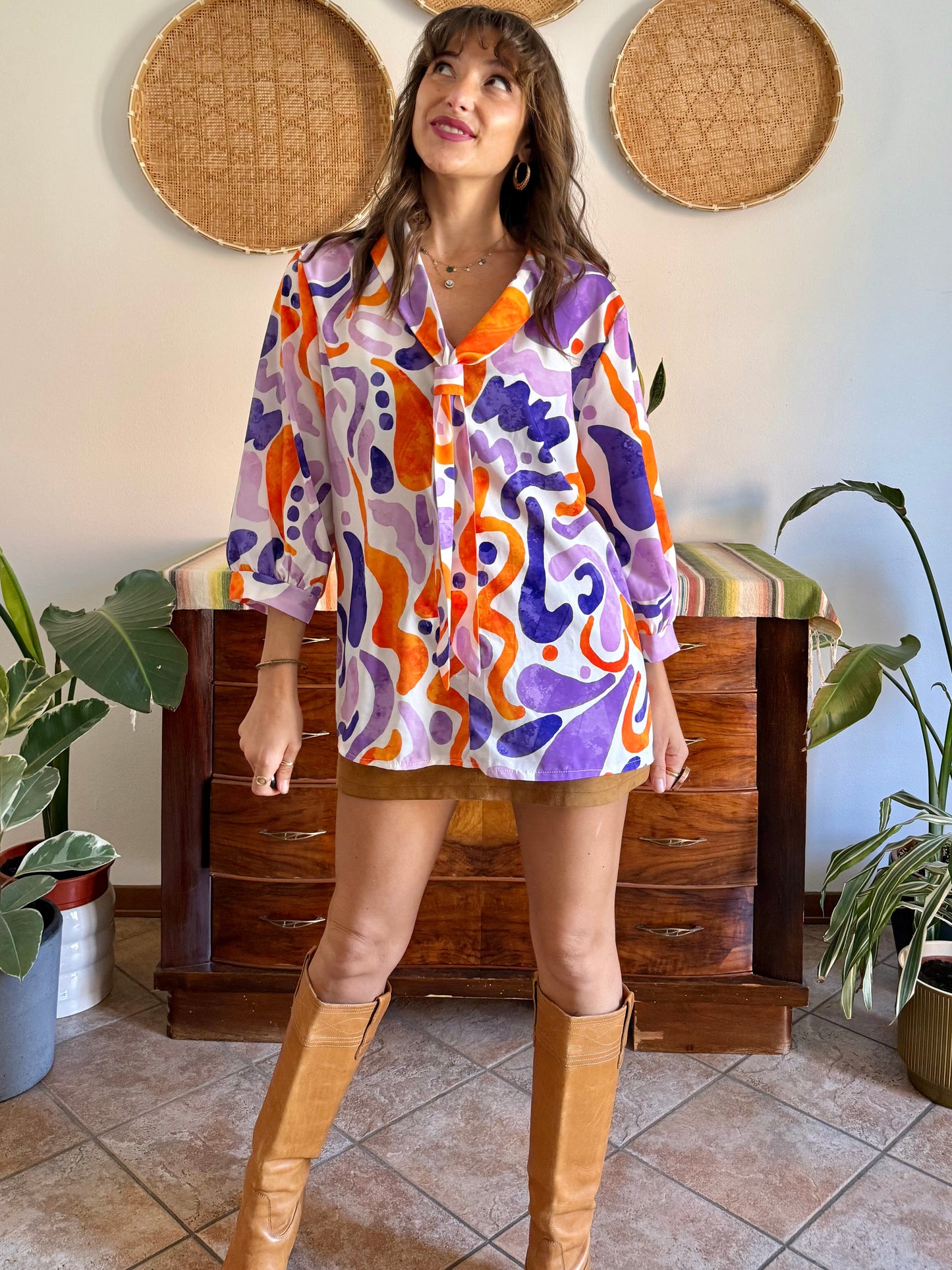 1970's vintage purple, orange and cream abstract print tie neck blouse