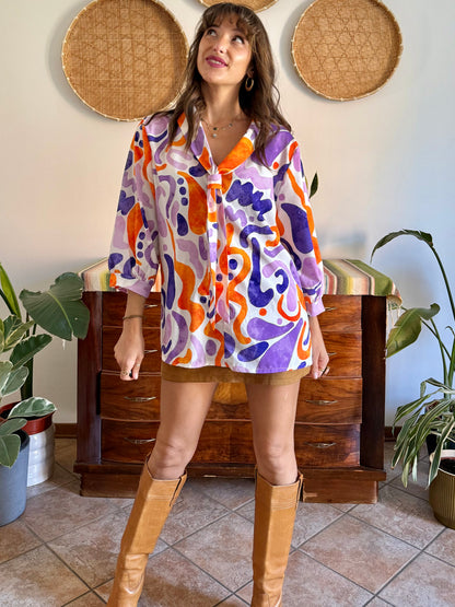 1970's vintage purple, orange and cream abstract print tie neck blouse