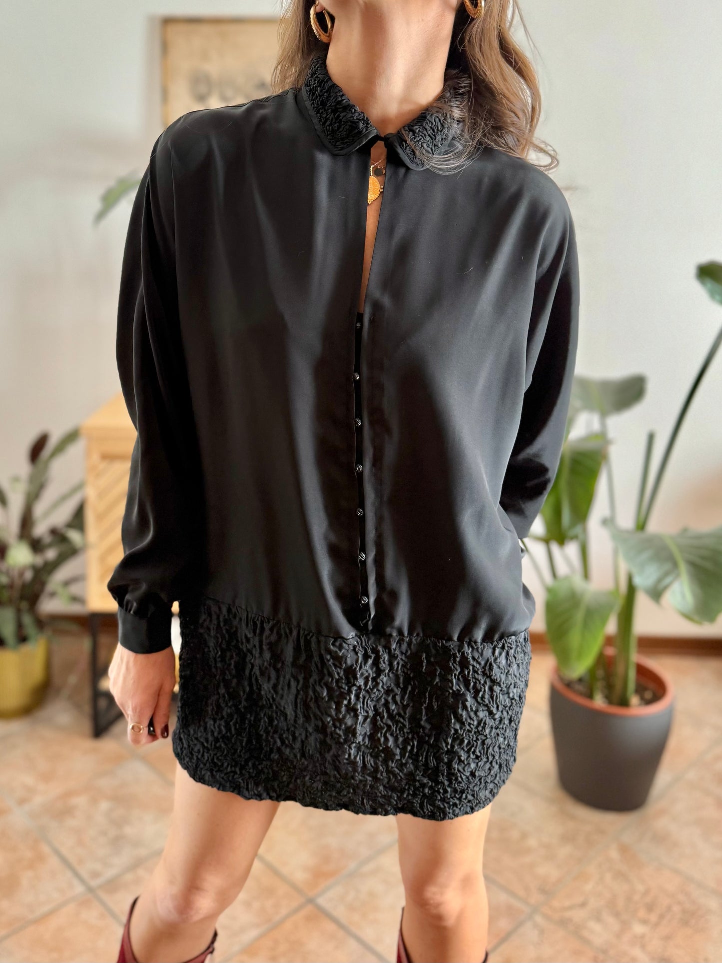 1960’s vintage rouched bottom black satin mini dress