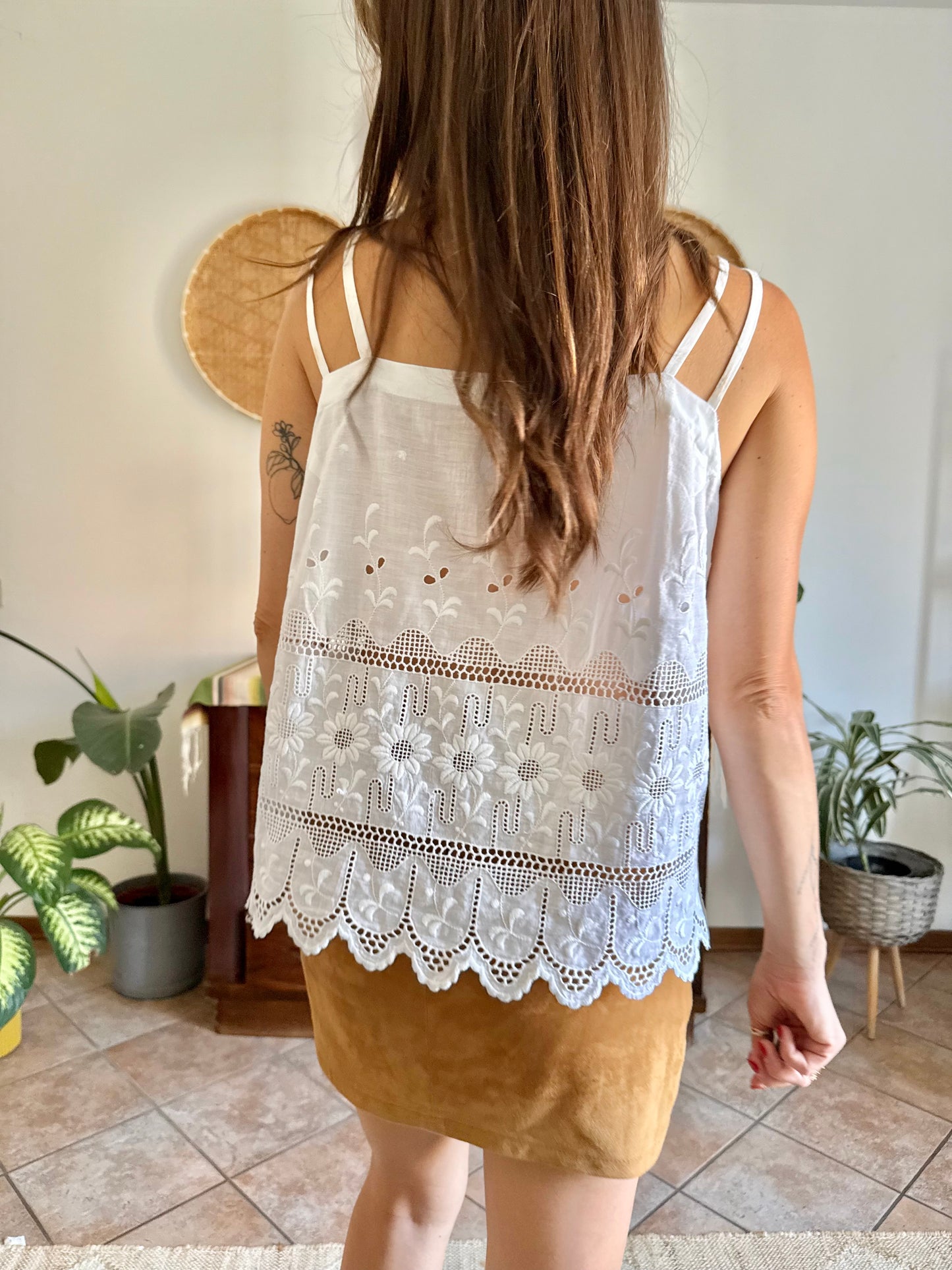 1970's vintage white crocheted and embroidered floral cotton top