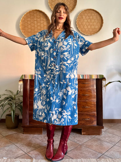 1960's vintage blue and cream floral silk midi dress