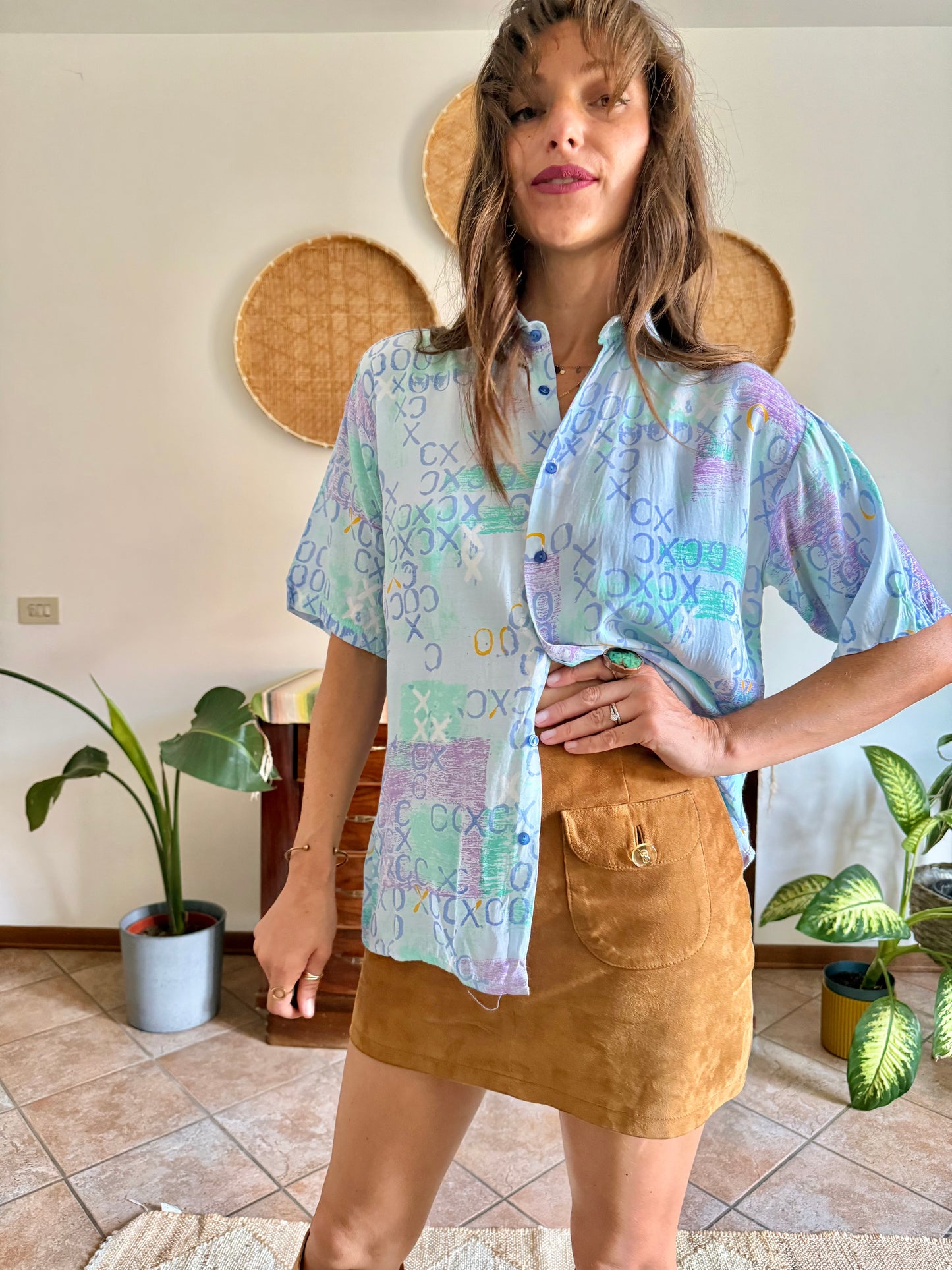 1990’s vintage lilac, turquoise and light blue geometric print blouse