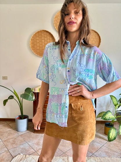 1990’s vintage lilac, turquoise and light blue geometric print blouse