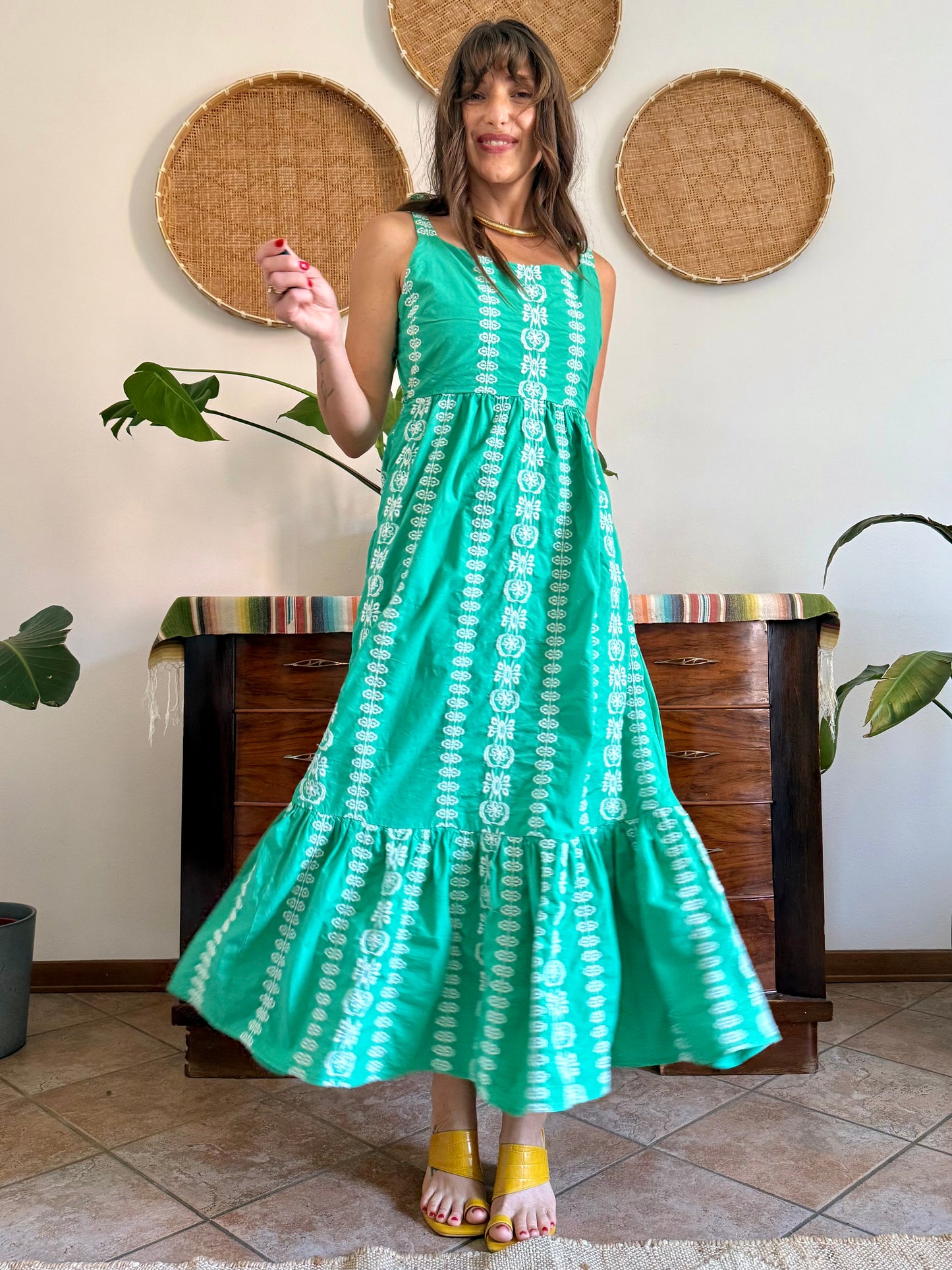 Y2K vintage green prairie maxi dress with white floral embroidery