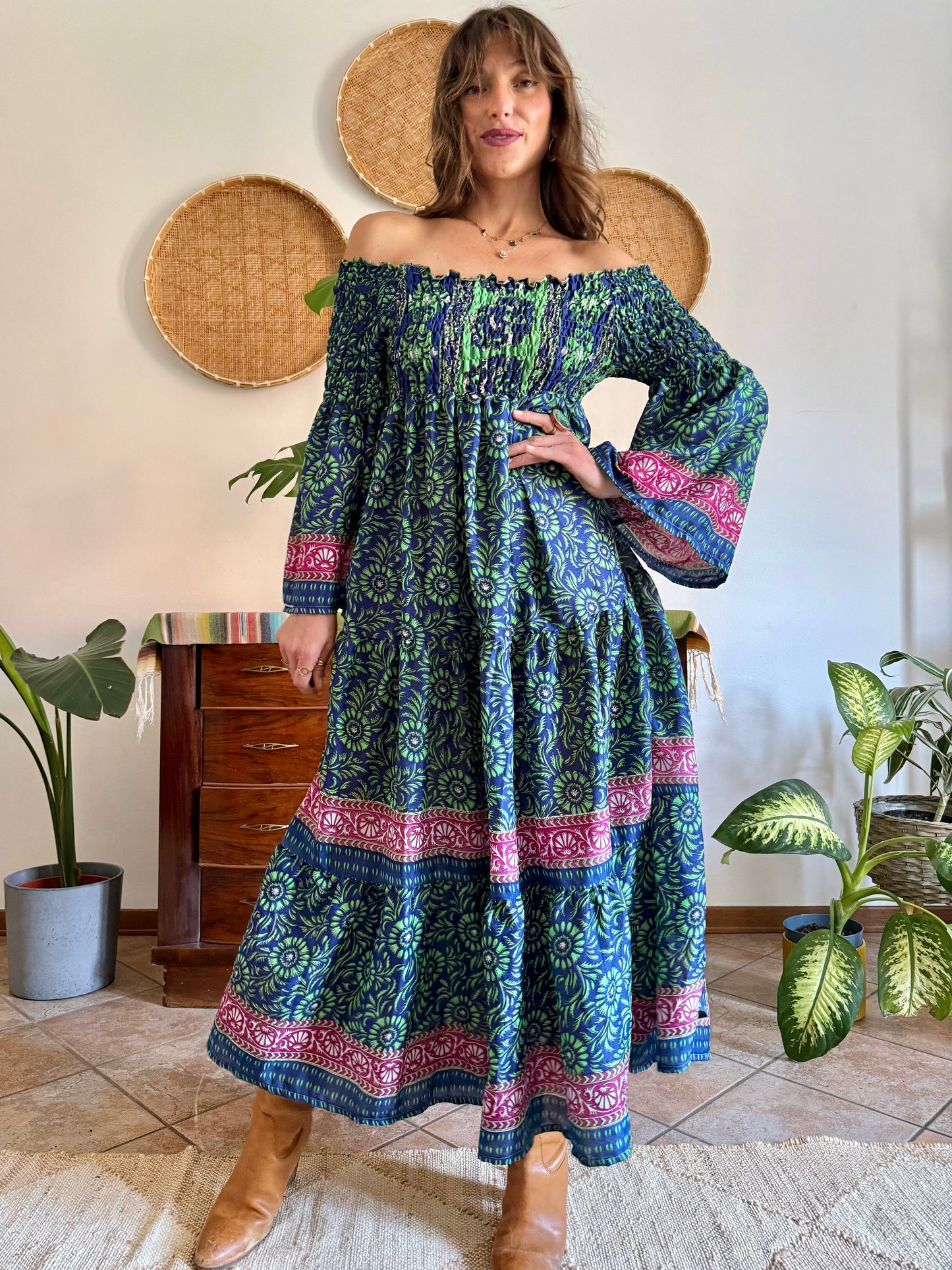 1970’s vintage green, blue and pink silk floral prairie maxi dress with bell sleeves