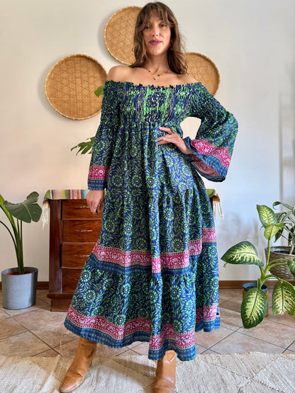 1970’s vintage green, blue and pink silk floral prairie maxi dress with bell sleeves