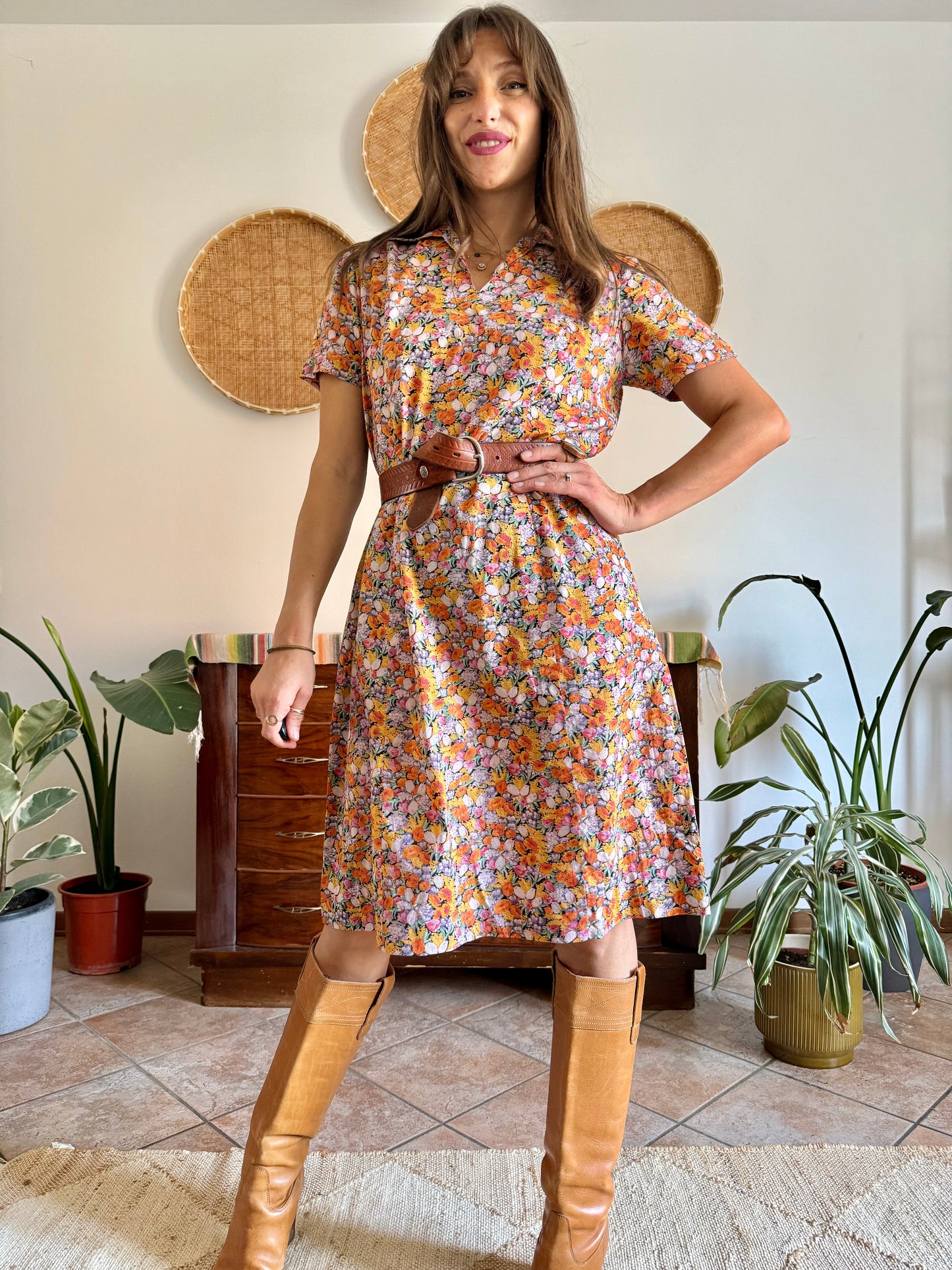 1960’s vintage multicolor pastel micro floral print midi dress