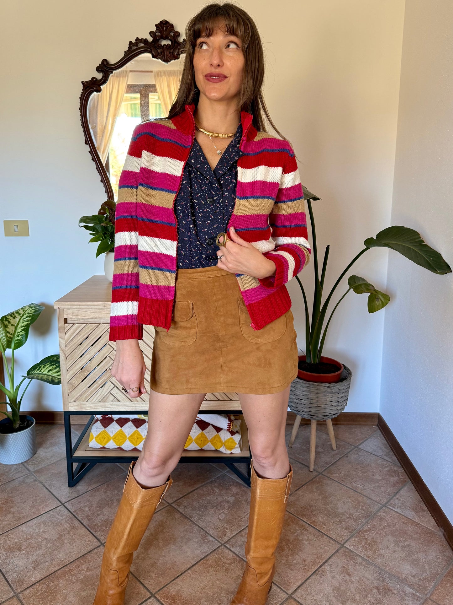 1990's vintage red, pink and blue stripe zip up wool knit cardigan