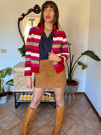 1990's vintage red, pink and blue stripe zip up wool knit cardigan