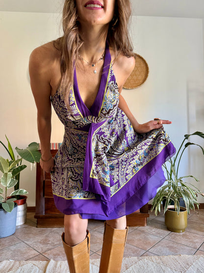 Y2k vintage purple and yellow floral silk halter top midi dress