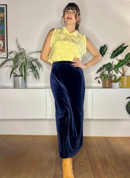 1970's vintage navy blue velvet maxi skirt