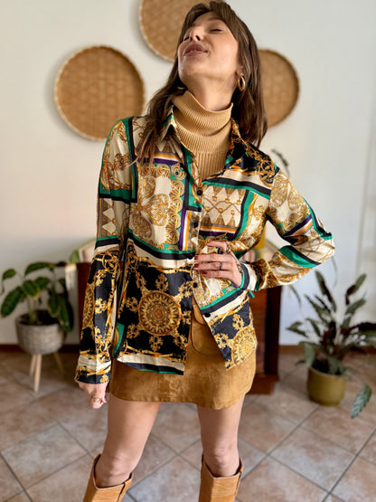 1990's vintage gold, green and yellow satin tassel print blouse