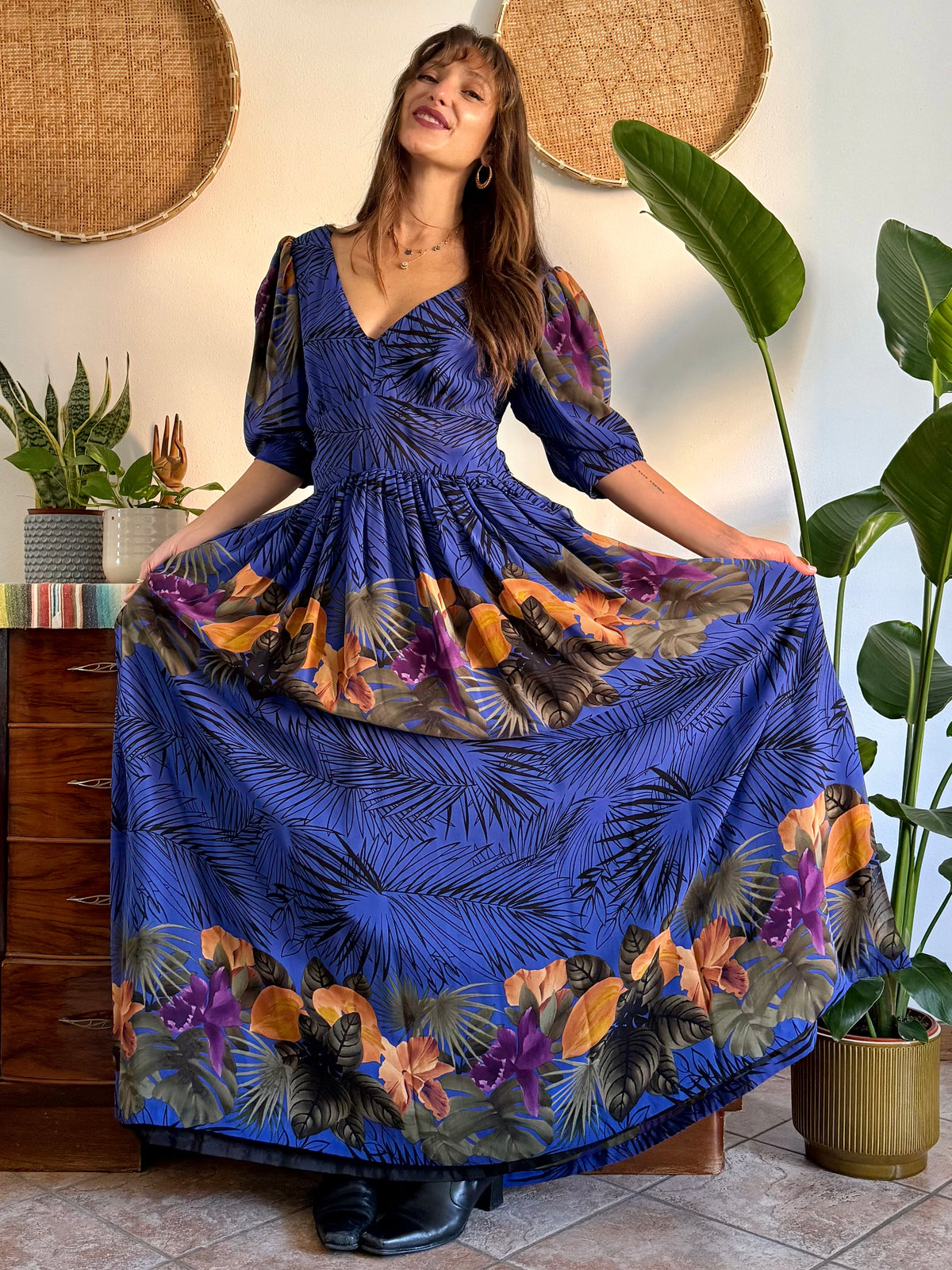 1960’s vintage blue floral silk evening gown with matching scarf and belt