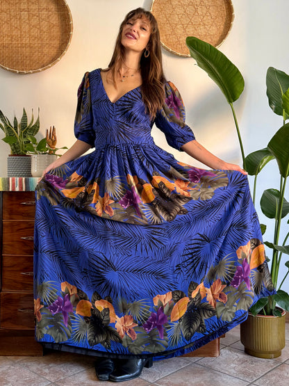 1960’s vintage blue floral silk evening gown with matching scarf and belt