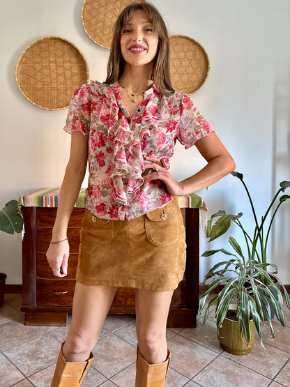Y2K vintage pink floral ruffle silk blouse