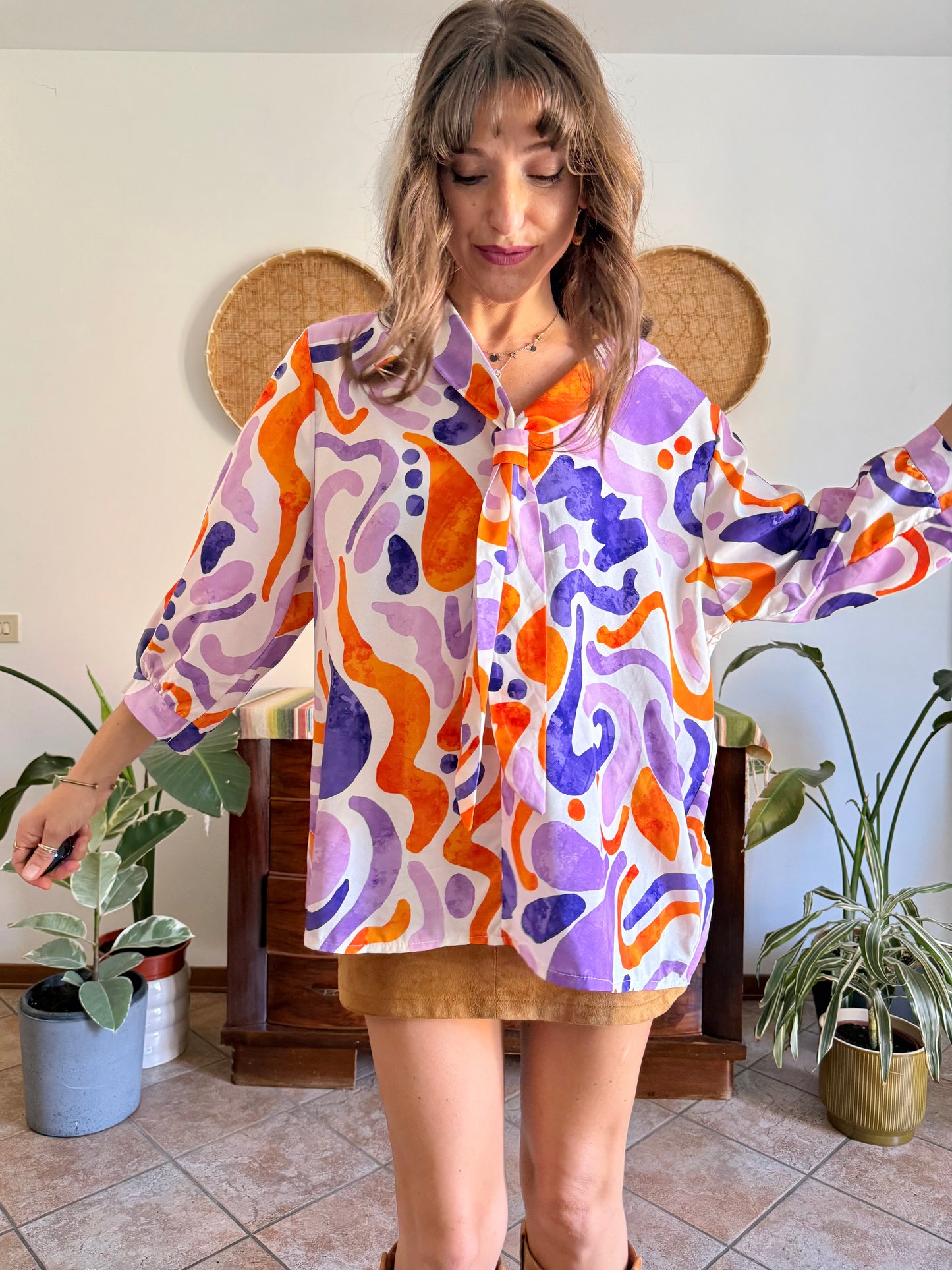 1970's vintage purple, orange and cream abstract print tie neck blouse