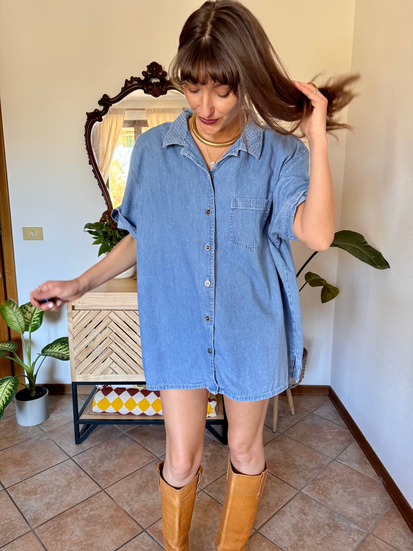 1990’s vintage light was denim shirt with geometric woven collar detailing